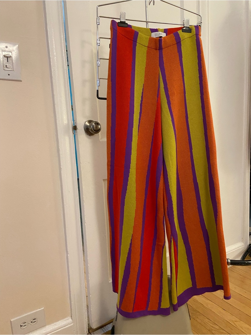 Eszka Colorblock Wide Leg Knit Pants - Bright Orange, Lime & Purple Stripes.
